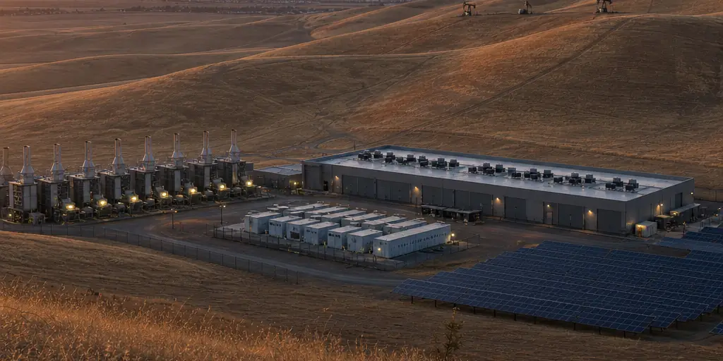 Illustrative concept of a future energy campus at the foot of dry golden hills: modular gas generators, a data-center building, battery containers and a solar array, with oil pumpjacks on the slopes behind.