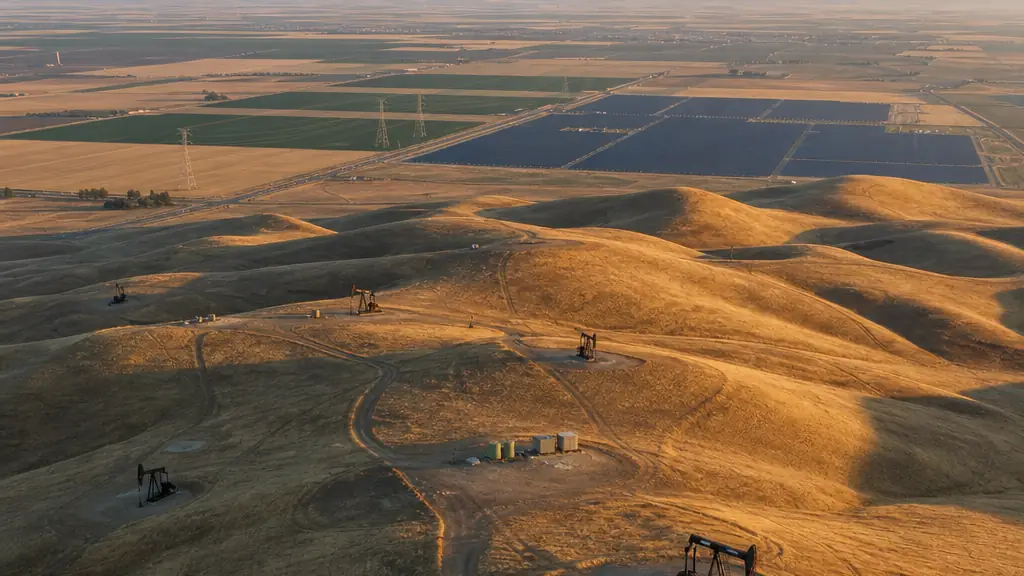 Illustrative aerial view of dry golden rolling hills with scattered oil pumpjacks and a well pad, a solar array and transmission line on the valley floor beyond.